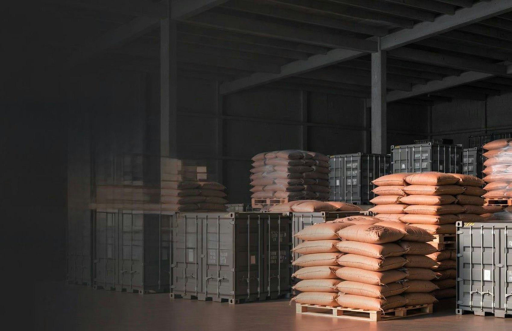 Palletised sacks stacked in a commodity store